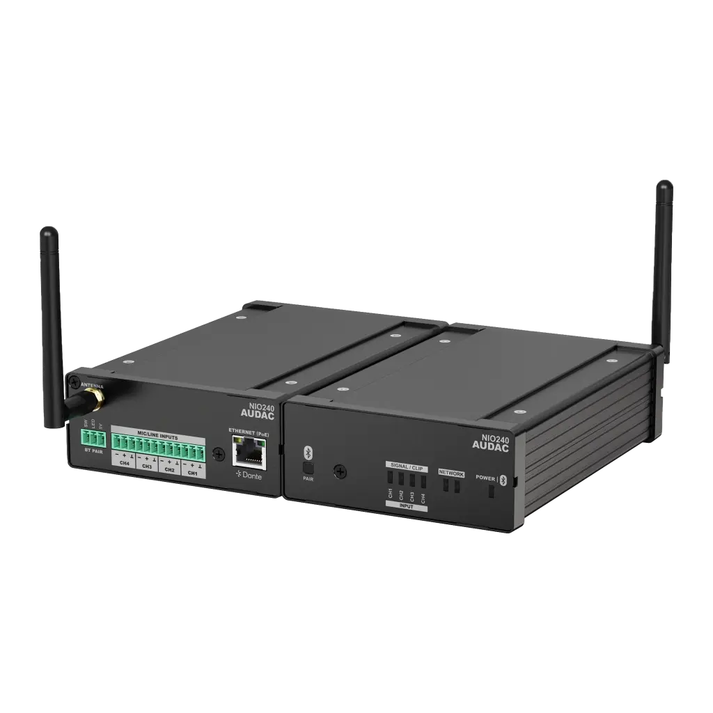 Boîtier de dérivation de mixage d'E/S réseau Audac NIO240 Dante™/AES67 4 entrées micro/ligne